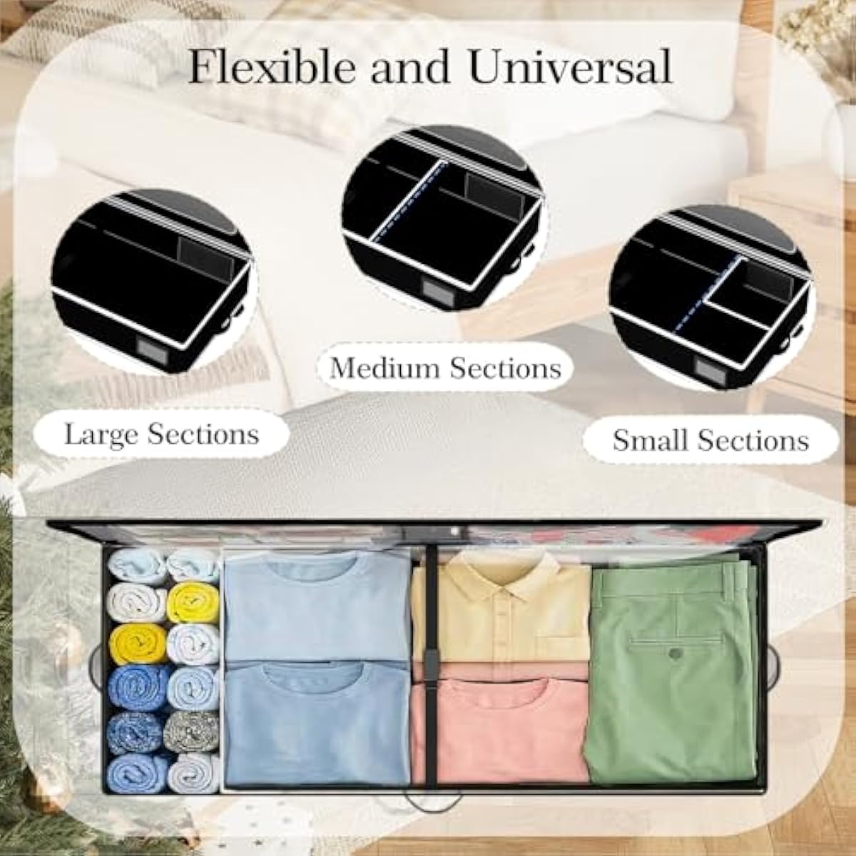 GoMaihe Under Bed Storage with Wheels: 70L Rolling Bins for Wrapping Paper Storage, Toys, Clothes - Includes Mesh Bag & Adjustable Dividers, Metal Frame Easy Pull-out Black 1-Pack
