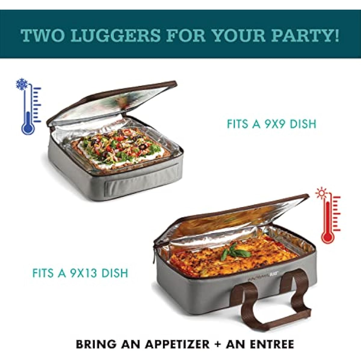 Rachael Ray Lugger Duo, Insulated Casserole Carrier for Hot or Cold Food, Thermal Lasanga Lugger Tote for Pockluck, Parties, Picnic, and Cookouts, Fits 9" x 13" Baking Dish, Sea Salt Grey