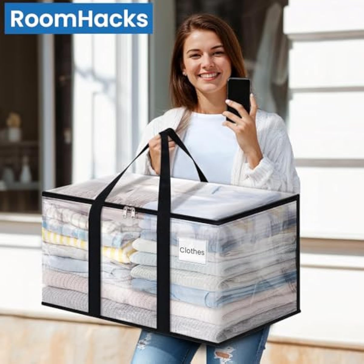 Heavy Duty Clear Moving Bags with Reinforced Handle and Double Zipper, Storage Totes, Packing Bags Alternative to Moving Essential and Supplies Box, Clear, Large, 6 Packs
