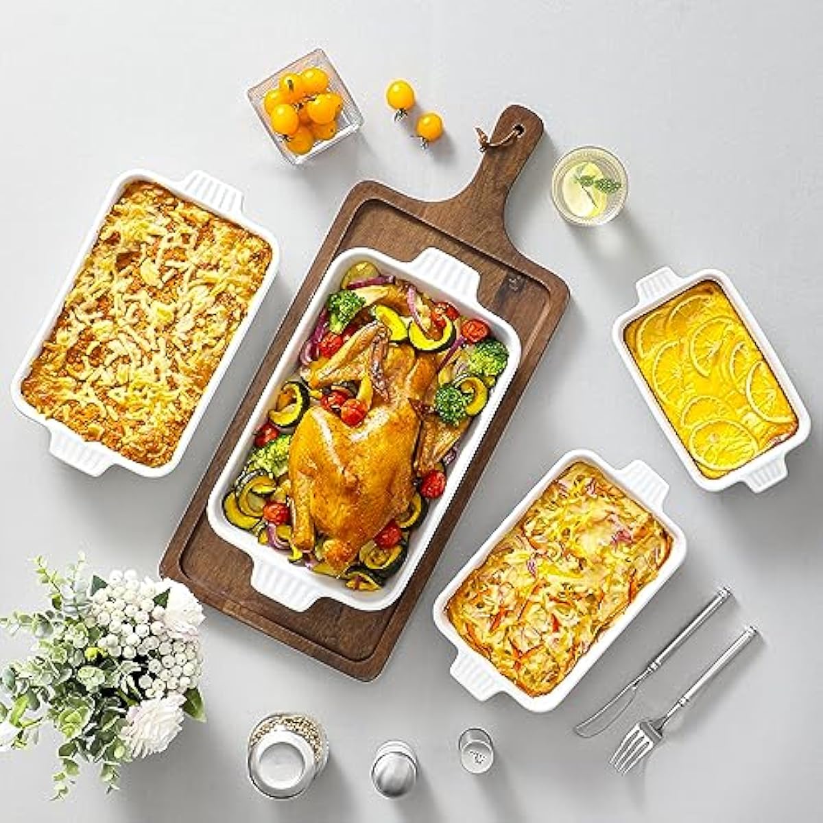 MALACASA Casserole Dishes for Oven, Porcelain Baking Dishes, Ceramic Bakeware Sets of 4, Rectangular Lasagna Pans Deep with Handles for Baking Cake Kitchen, White (9.4"/11.1"/12.2"/14.7"), Series