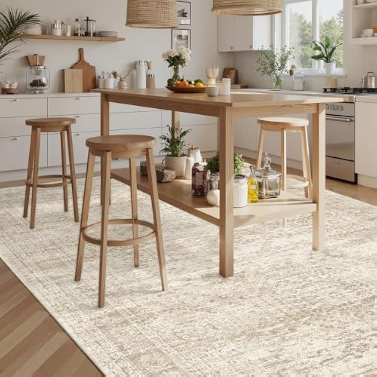 Washable Area Rug 8x10, Large Soft Rugs for Living Room Vintage Beige Carpet 8x10 Area Rugs for Bedroom Dining Room Non-Slip Stain Resistant Under Table Rug