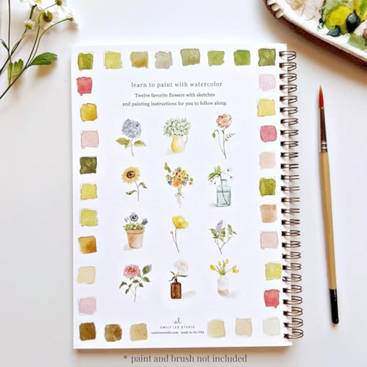 Flowers Watercolor Workbook by Emily Lex Studio, 12 Beginner Friendly Sketched Illustrations, Lay Flat Spiral Pages, 6.5 x 9 inch, 120lb Watercolor Paper