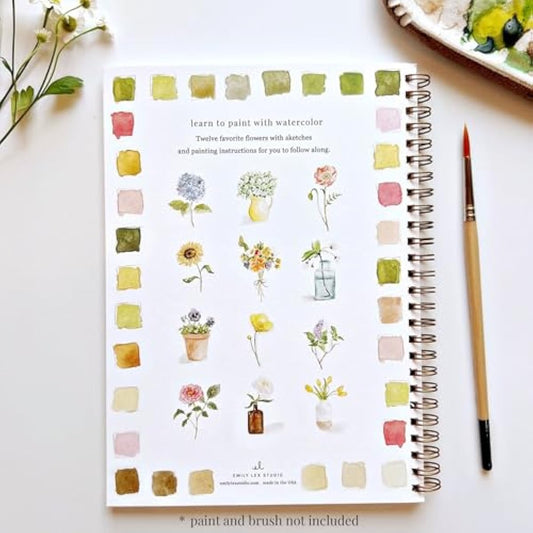 Flowers Watercolor Workbook by Emily Lex Studio, 12 Beginner Friendly Sketched Illustrations, Lay Flat Spiral Pages, 6.5 x 9 inch, 120lb Watercolor Paper