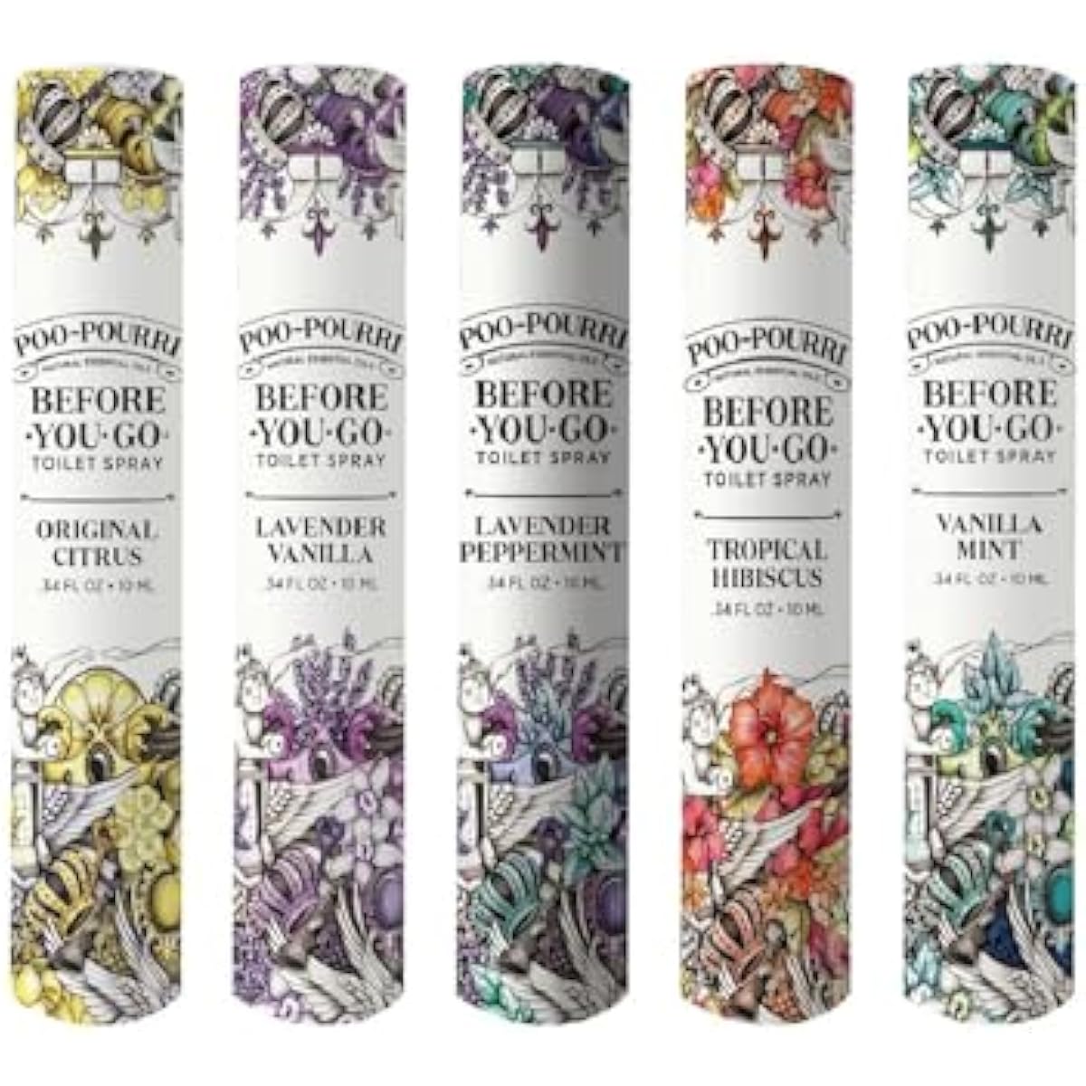 Poo-Pourri Before-You-Go Toilet Spray, Travel Essentials, .34 Fl Oz, In A Pinch Variety 5 Pack, Each Up to 20 Uses, On-The-Go Bathroom Odor Deodorizer with Essential Oils, TSA Approved Size, 5 Scents
