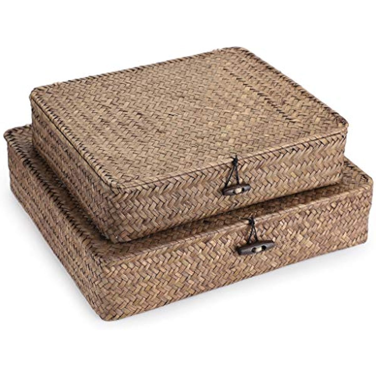 Hipiwe Set of 2 Flat Woven Wicker Storage Bins with Lid Natural Seagrass Basket Multipurpose Home Boxes for Shelf Organizer (Coffee)