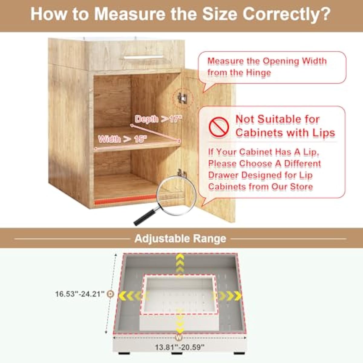 Pull out Cabinet Organizer,Width (14"-21") and Depth (17"-24") Expandable With 3 Rails,No Drill Adjustable Slide out Drawers for Kitchen,Pantry,Adhesive Roll out Shelves,for Cabinets Without Lip,White