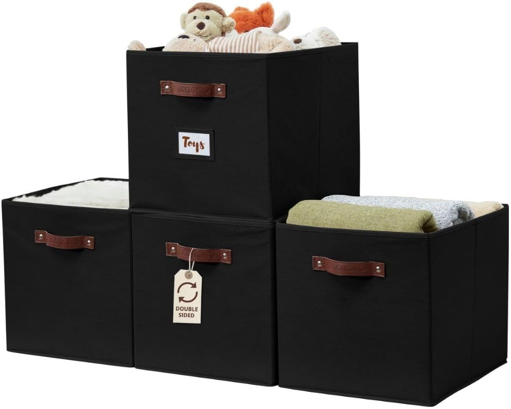 DECOMOMO Storage Bins, Cube Storage Bin with Labels, Fabric Storage Cubes for Shelves (10.5" x 11" / 6pcs, Beige)