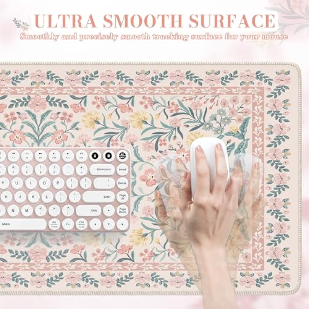 iCasso Pink Floral Desk Mat, Desk Pad, XXL Large Mouse Pad, Anti-Slip Big Mousepad with Stitched Edges, Computer Mouse Pads for Desktop Decor, Cute Office Desk Accessories for Women(Pink)