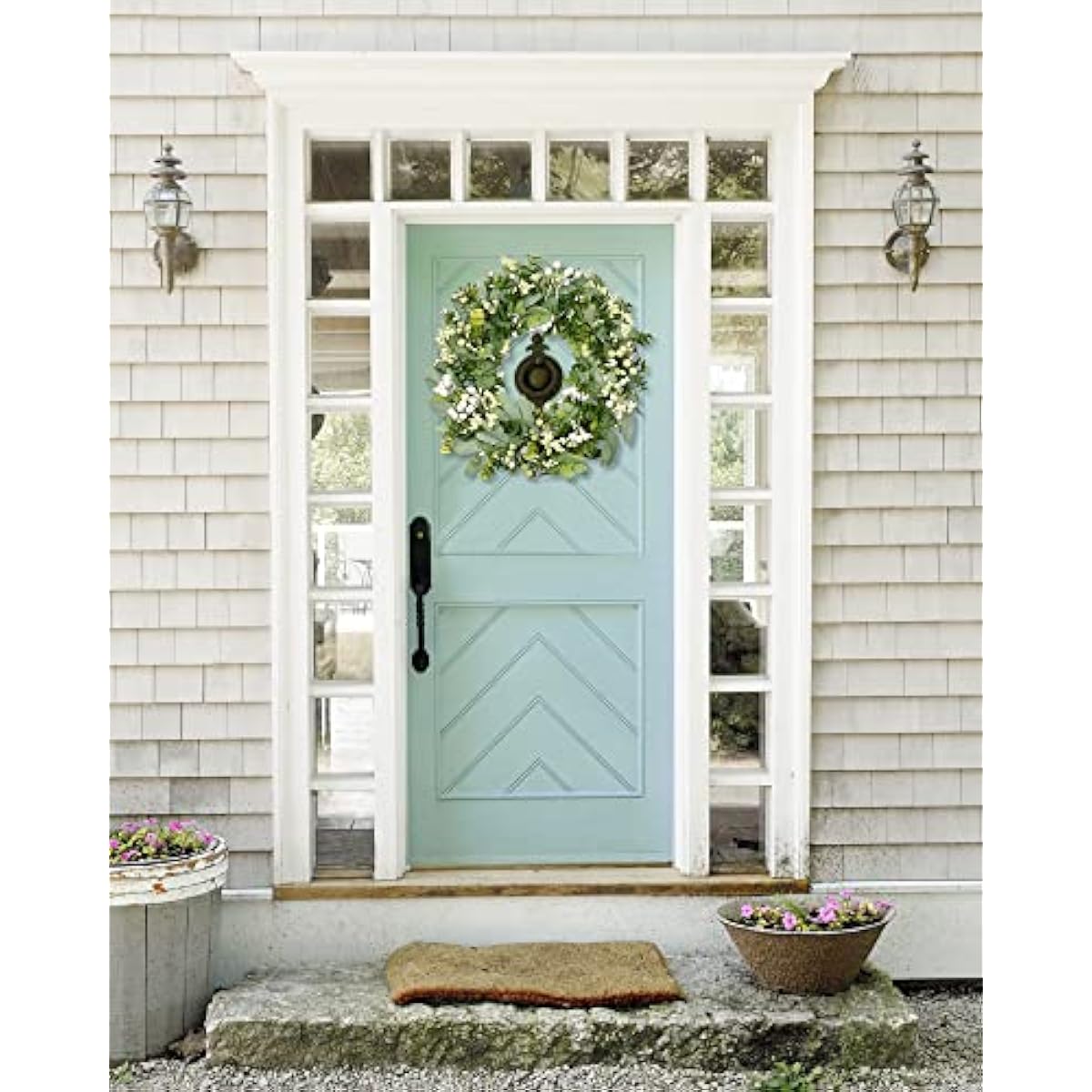 Vlorart Artificial Spring Summer Christmas Greenery Wreaths for Front Door Green Eucalyptus Leaf Wreath Decor Boxwood with Big Berries for Farmhouse Outside Year Round