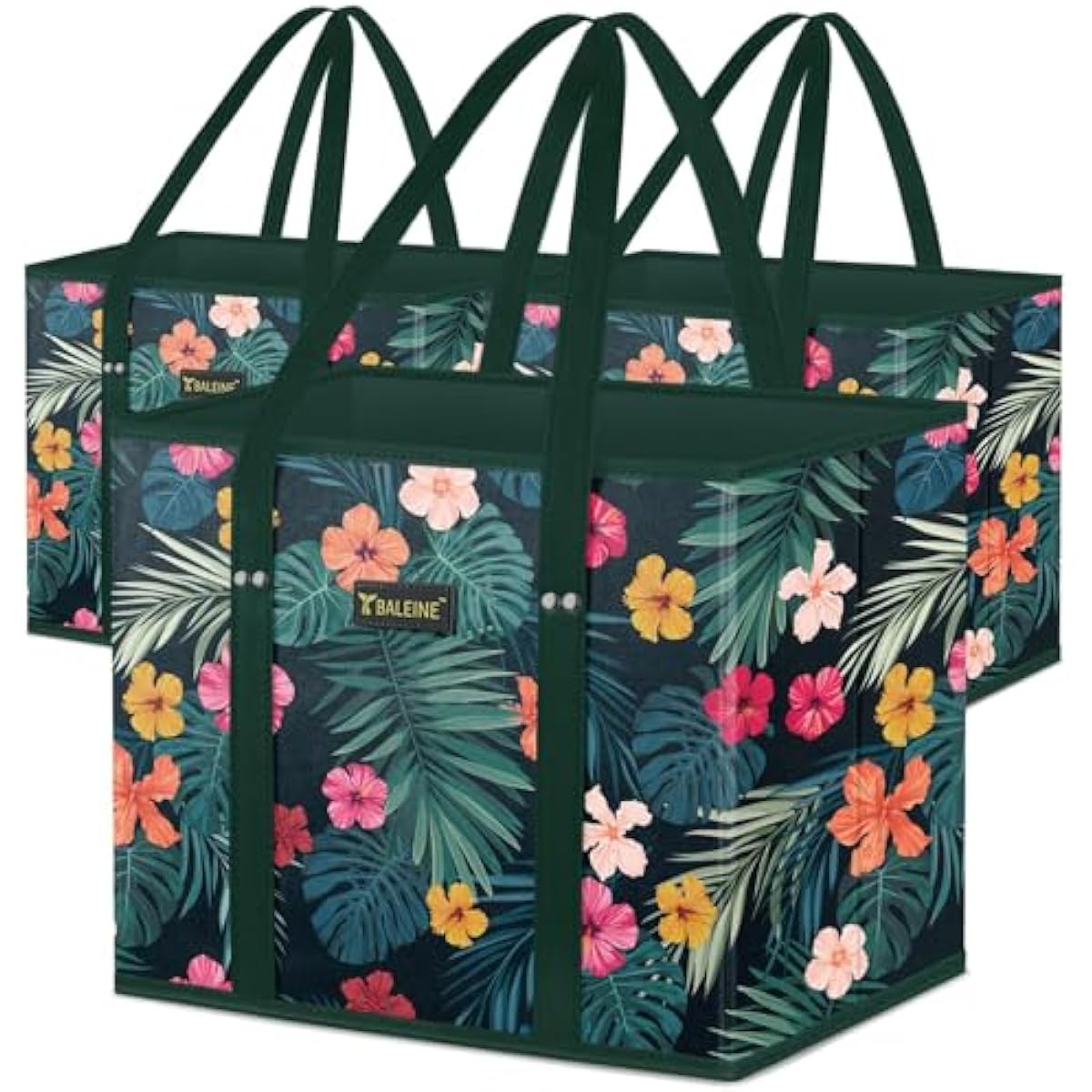 BALEINE 3Pk Reusable Grocery Bags, Foldable Shopping Bags for Groceries with Reinforced Bottom & Handles (Blossom Season)
