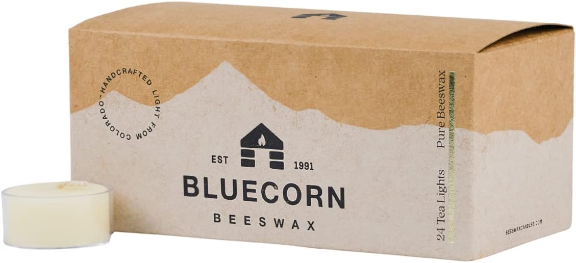 Bluecorn Beeswax Tea Light Candles, 100% Pure Natural Bees Wax, Yellow Tea Lights, Fragrance Free, Paraffin & Soy Free Candle Wax, Clean Burning, Long Lasting (4-5 Hrs), American Made, 24 Pack