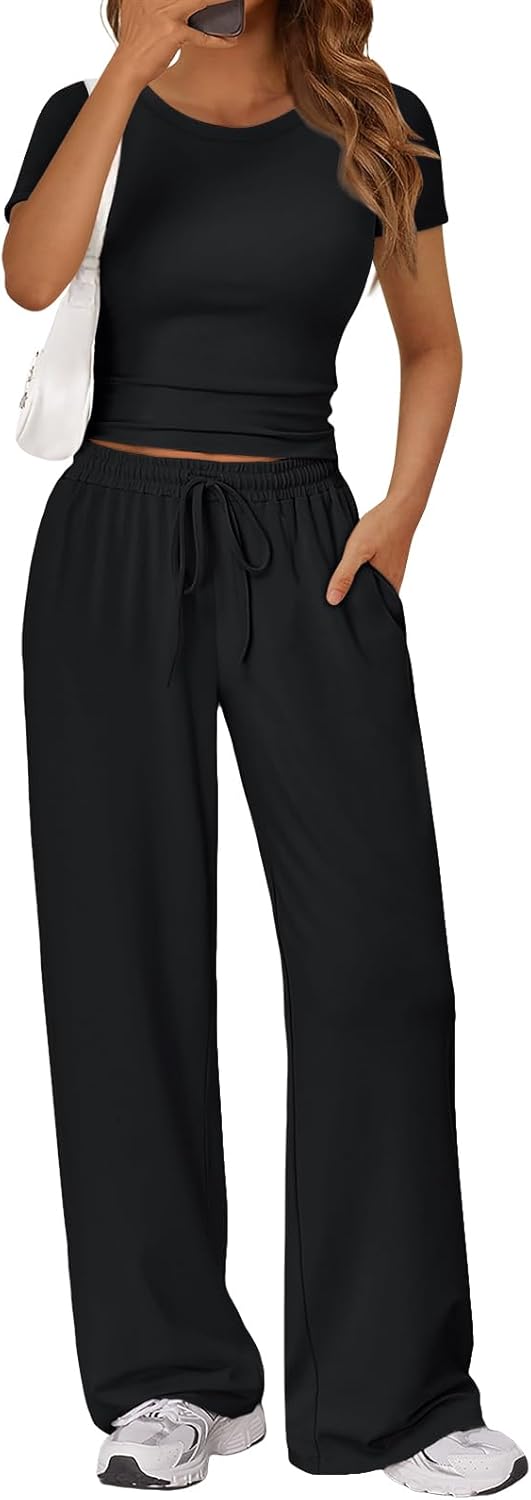 Trendy Queen 2 Piece Matching Summer Sweatsuit Lounge Set Womens Wide Leg Pants Side Ruching Crop Top Sets