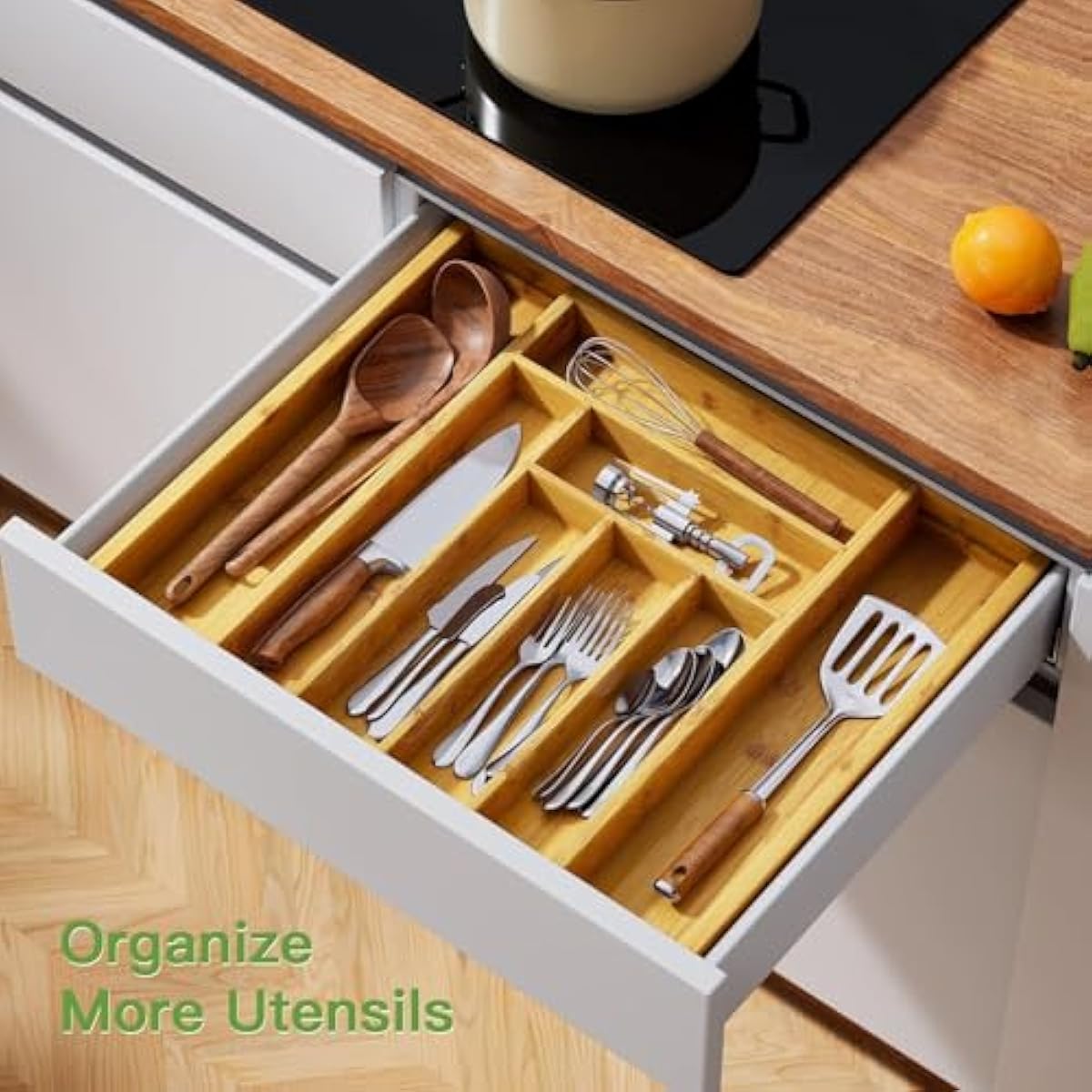 Pipishell Bamboo Expandable Silverware Drawer Organizer, Adjustable Kitchen Utensil Tray for Forks, Spoons and Knives, Wood Storage Cutlery Holder for Bedroom and Living Room