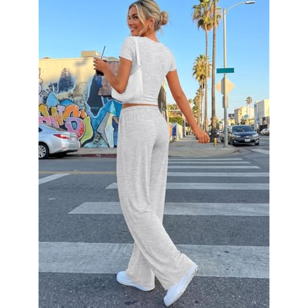 Trendy Queen 2 Piece Matching Summer Sweatsuit Lounge Set Womens Wide Leg Pants Side Ruching Crop Top Sets
