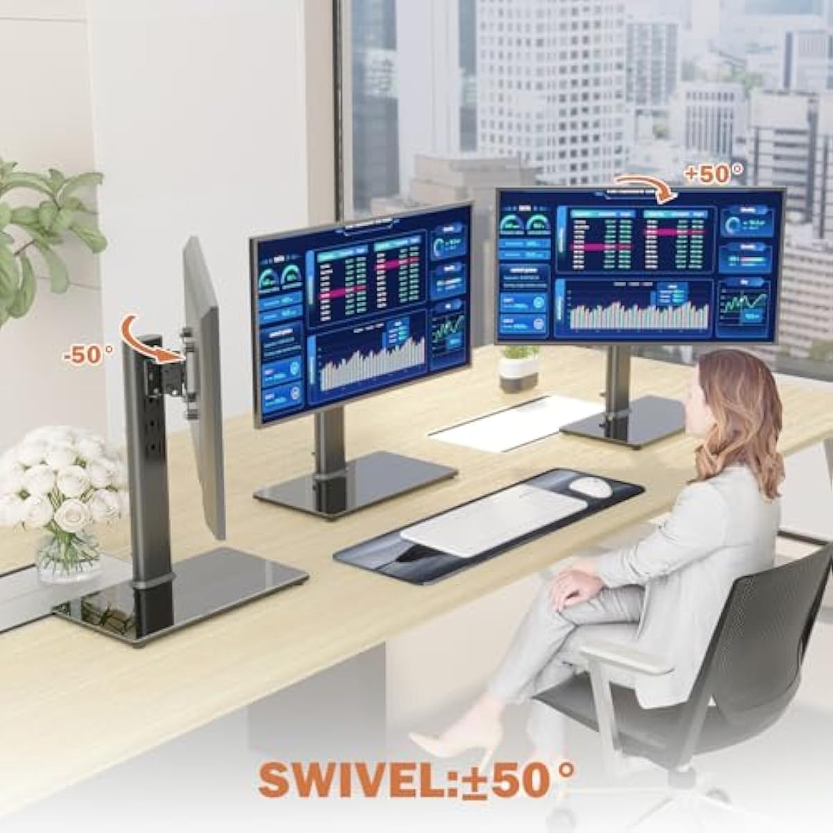 Single LCD Computer Monitor Free-Standing Desk Stand Mount Riser for 13 inch to 32 inch screen with Swivel, Height Adjustable, Rotation, Vesa Base Stand Holds One (1) Screen up to 77Lbs(HT05B-001))