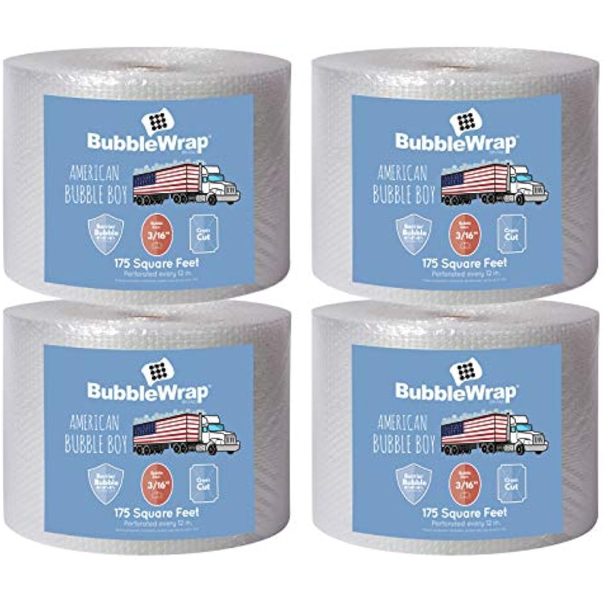 4 large rolls of Bubble Wrap total 700 feet, small bubbles 3/16 cushioning, 700 ft, heavy duty, perforated Every 12" Made in the USA by American Bubble Boy, bulk packaging wrap for moving and shipping