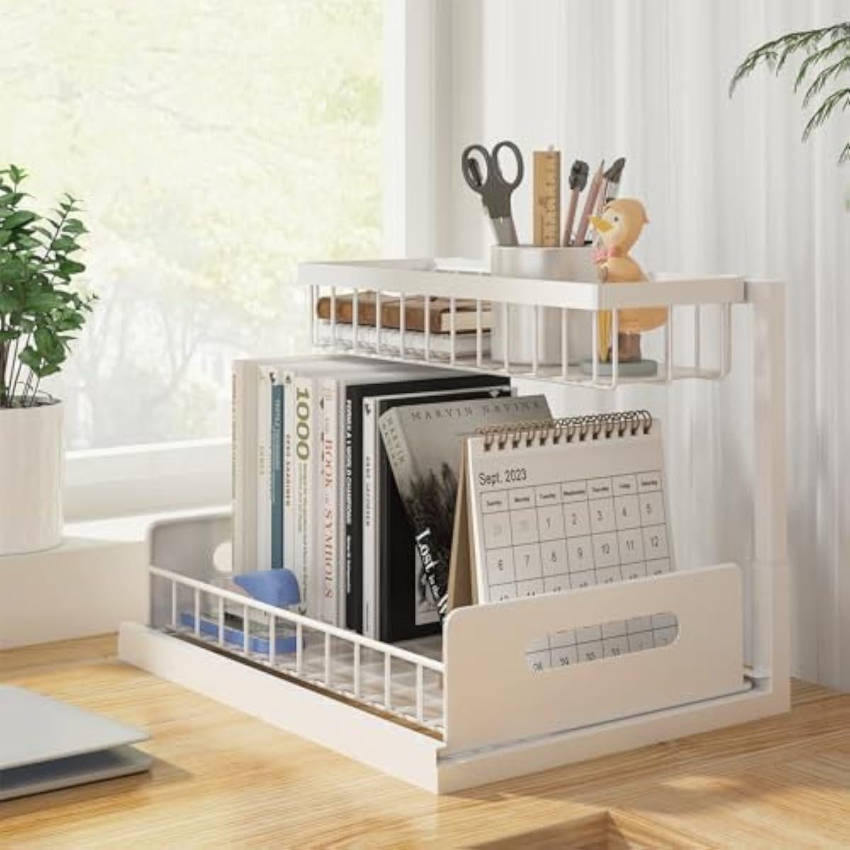 REALINN Under Sink Organizer, Pull Out Cabinet Organizer, 2 Tier Metal Slide Out Shelf with L Shaped Design, Under Cabinet Storage for Kitchen, Bathroom, Laundry, Deep Cabinet Shelf Storage, White