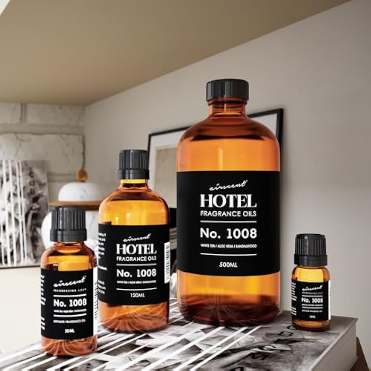 AirScent Hotel Diffuser Oil No. 1008 - White Tea, Aloe Vera & Sandalwood - Hotel Scent Dupe - Premium Fragrance Oil for Ultrasonic and Waterless Diffusers and Crafting - 120 mL, 4 fl oz Glass Bottle