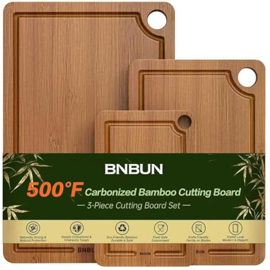Bamboo Cutting Board for Kitchen – 3-Piece Wooden Boards with Juice Grooves, Side Handles, Non-Slip Mats – Perfect for Meat, Veggies Fruit,Cutting Board & Knife Sets – Ideal Kitchen Gift