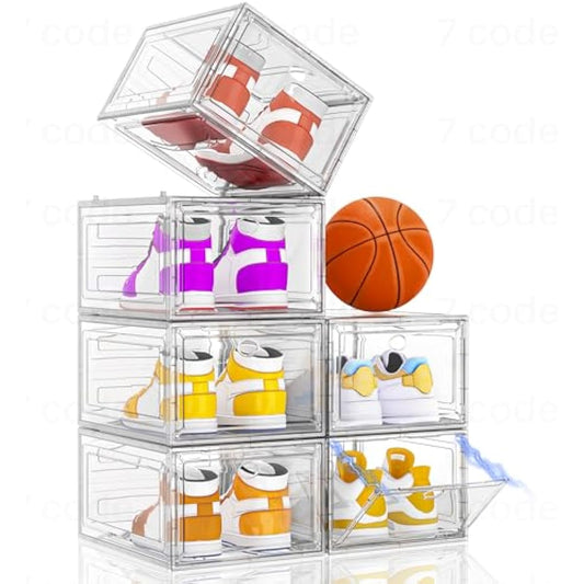 Thickened Clear Shoe Storage Organizer with Magnetic Door, Sturdy Stackable Shoe Boxes for Closet, Collapsible Space-Saving Shoe Rack for Sneakers & Boots, Plastic Shoe Cabinet Box Set, 6 Pack, White