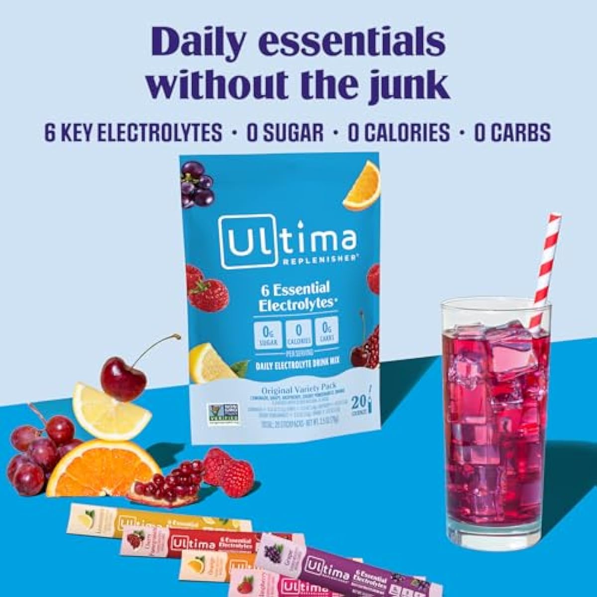 Ultima Replenisher Daily Electrolyte Powder – Original Variety Pack, 20 Stickpacks – Zero Sugar Hydration Packets with 6 Electrolytes and Minerals – Sugar Free, Plant Based & Keto Friendly Drink Mix