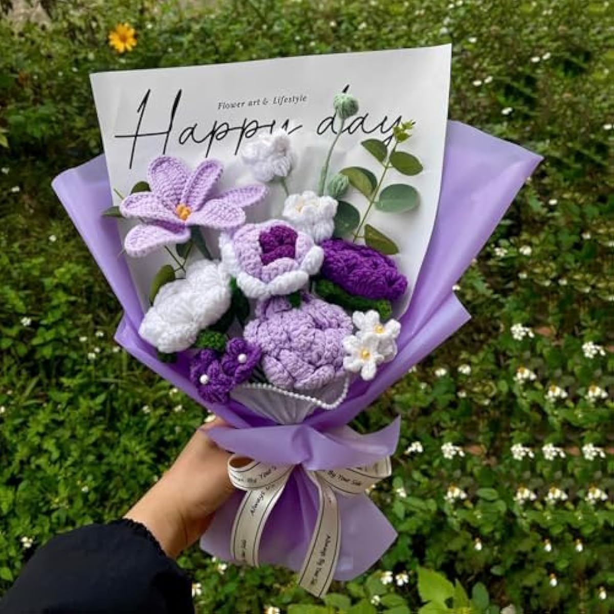 Completed Purple Crochet Flowers Bouquet, Handmade Knitted Bouquet, Crochet Artificial Flowers for Mother's Day Birthday, Wedding Home Decor, Gifts for Mom (Purple Tulip)