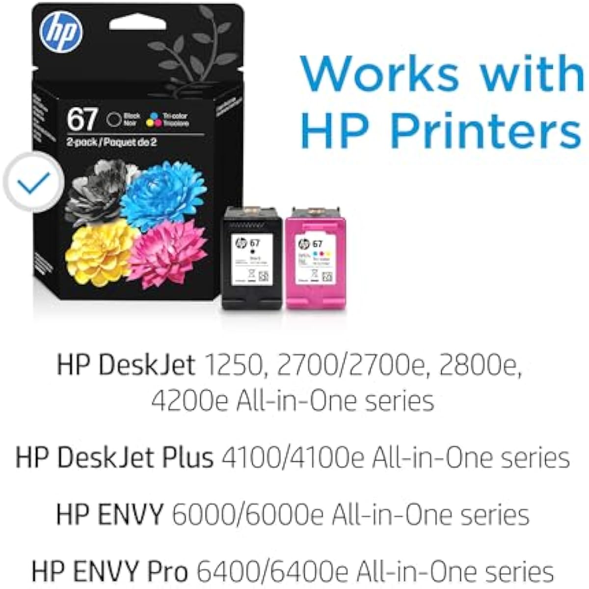HP 67 Black/Tri-Color Ink Cartridges (2-Pack) | Works with DeskJet 1255, 2700, 4100, Envy 6000, 6400 | Instant Ink Eligible | 3YP29AN | Packaging May Vary