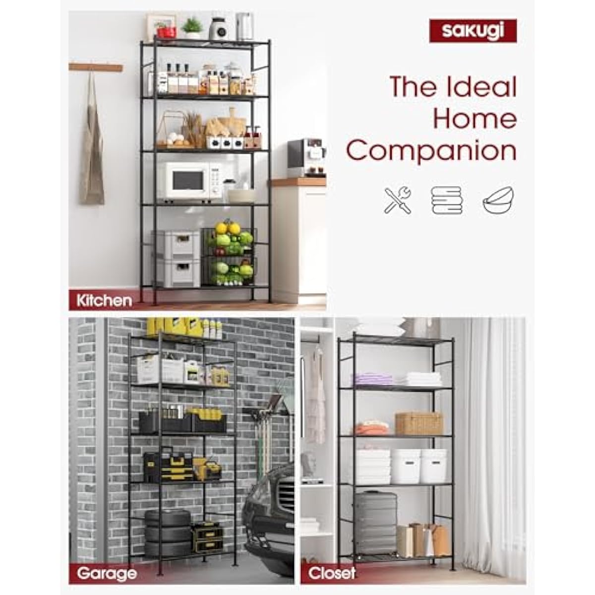 Storage Shelves - 5 Tier Shelf Organizer, Heavy Duty Garage Shelving Unit with Leveling Feet, Stable Metal Shelves Organizer for Pantry, Kitchen and Closet, 33.0" W x 12.6" D x 72.0" H, Black