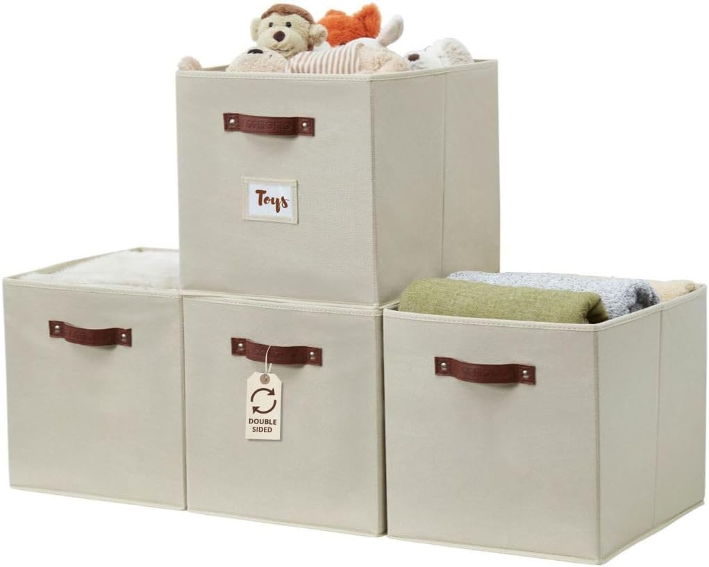 DECOMOMO Storage Bins, Cube Storage Bin with Labels, Fabric Storage Cubes for Shelves (10.5" x 11" / 6pcs, Beige)