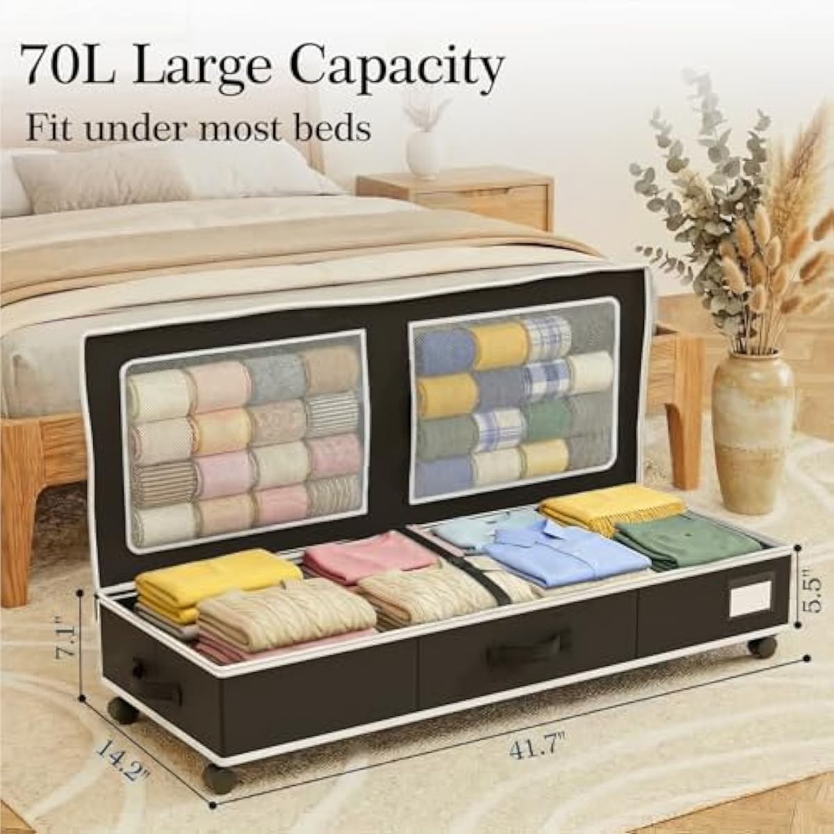 GoMaihe Under Bed Storage with Wheels: 70L Rolling Bins for Wrapping Paper Storage, Toys, Clothes - Includes Mesh Bag & Adjustable Dividers, Metal Frame Easy Pull-out Black 1-Pack