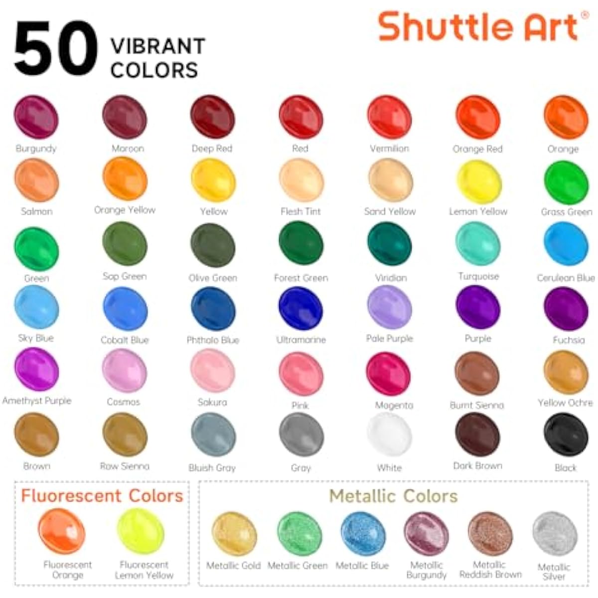 Shuttle Art Acrylic Paint, 50 Colors Acrylic Paint Set, 2oz/60ml Bottles, Rich Pigments, Water Proof, Premium for Artists, Beginners and Kids on Canvas Rocks Wood Ceramic Fabric