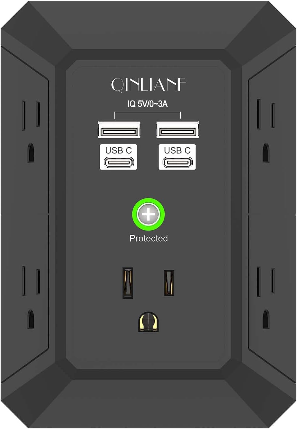Wall Charger, Surge Protector, QINLIANF 5 Outlet Extender with 4 USB Charging Ports, 3-Sided 1680J Power Strip Multi Plug Adapter Spaced for Home Travel Office