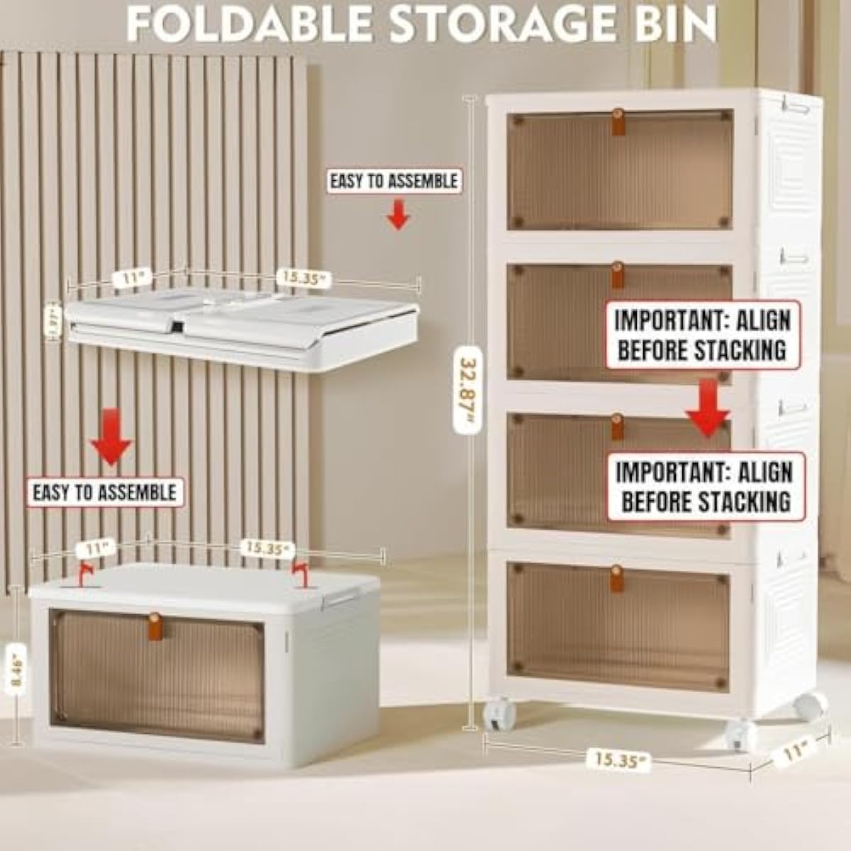 4 Tier Plastic Storage Bins with Lid 23QT, Stackable Storage Containers with Wheels, Folding Storage Boxes, Stackable Storage Bins, Organizers and Storage for Living Room,Office,Dorm
