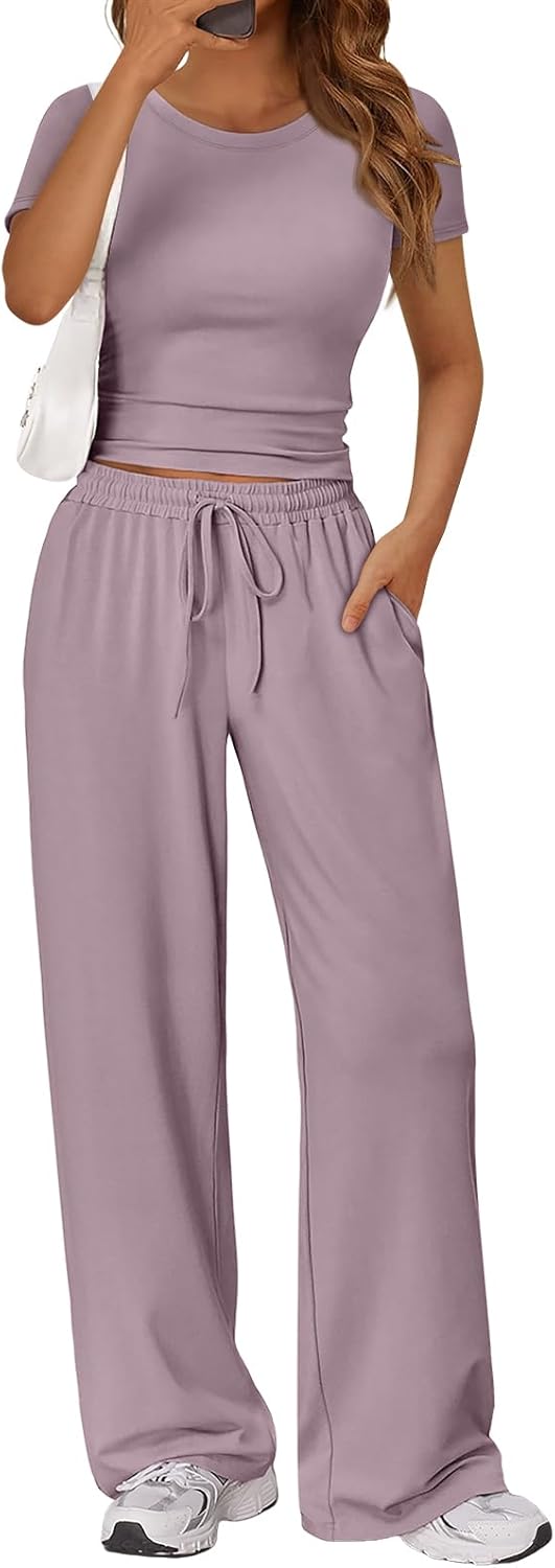 Trendy Queen 2 Piece Matching Summer Sweatsuit Lounge Set Womens Wide Leg Pants Side Ruching Crop Top Sets