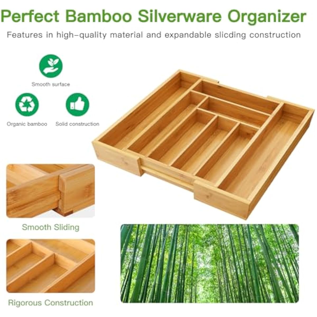 Pipishell Bamboo Expandable Silverware Drawer Organizer, Adjustable Kitchen Utensil Tray for Forks, Spoons and Knives, Wood Storage Cutlery Holder for Bedroom and Living Room