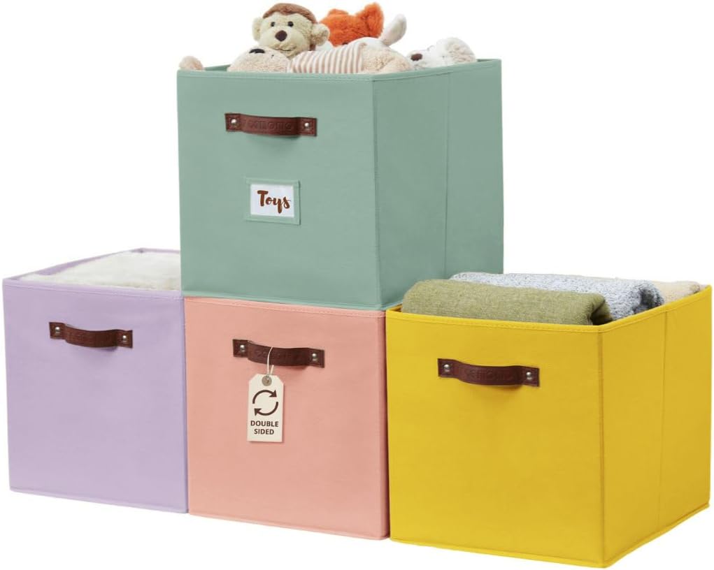 DECOMOMO Storage Bins, Cube Storage Bin with Labels, Fabric Storage Cubes for Shelves (10.5" x 11" / 6pcs, Beige)