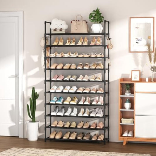 VTRIN 10 Tier Shoe Rack Tall Large Capacity Wide Shoe Organizer with Two Hooks Sturdy Metal Shoe Shelf for Entryway, Closet, Bedroom