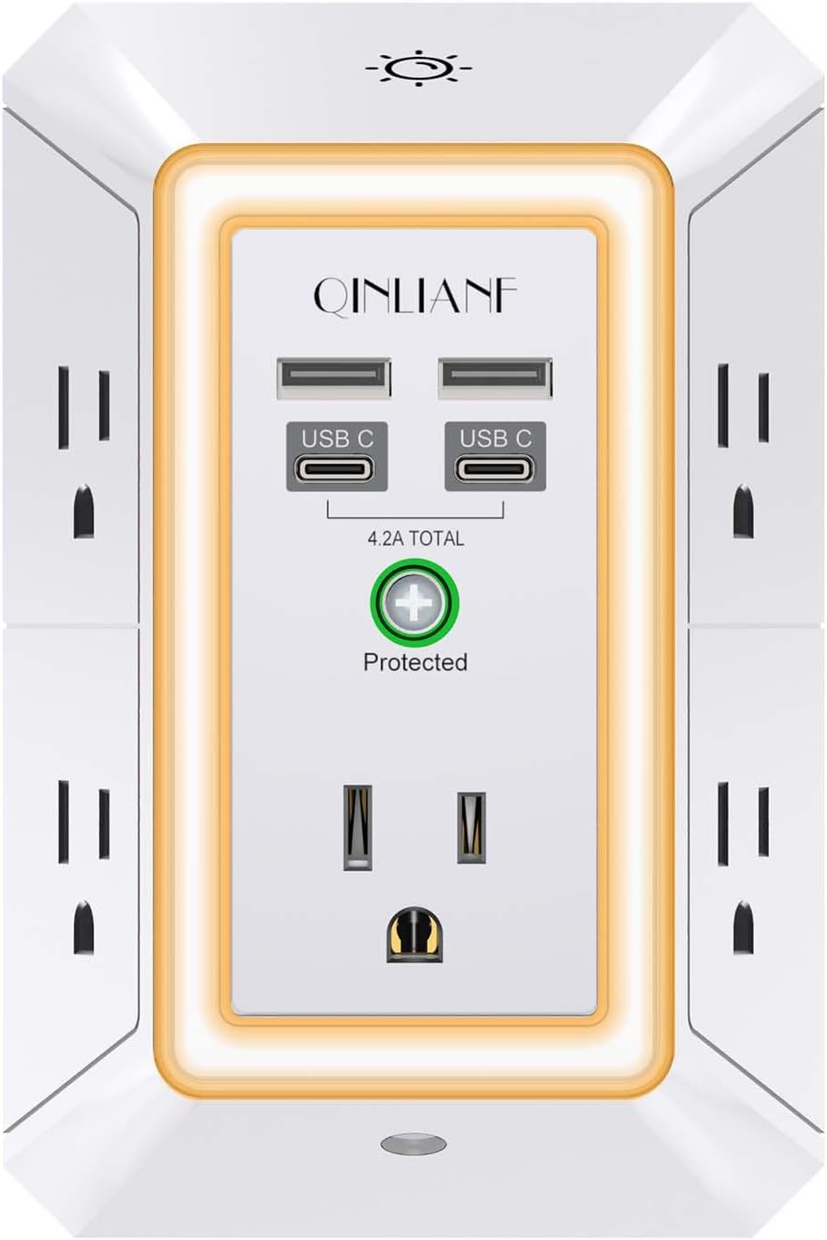 Wall Charger, Surge Protector, QINLIANF 5 Outlet Extender with 4 USB Charging Ports, 3-Sided 1680J Power Strip Multi Plug Adapter Spaced for Home Travel Office