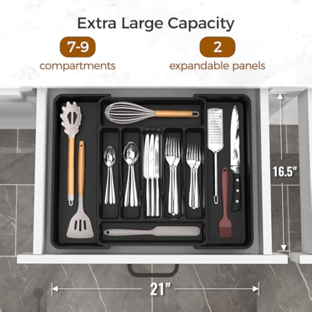 Extra Large Expandable Silverware Organizer, BPA-Free Food-Safe Cutlery Flatware Organizer, Kitchen Utensil Drawer Organizer, Adjustable Silverware Holder for Spoons Forks Knives, Black