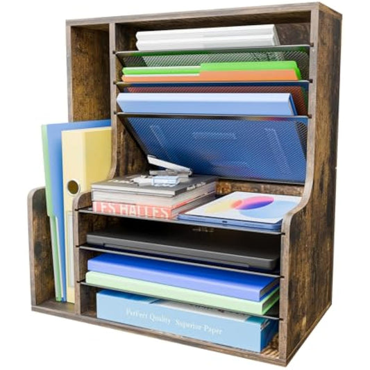 Simple Trending 7 Tier Desk File Organizer, Wooden Letter Tray Paper Organizer with Adjustable File Holder, Mesh Desktop Organizer and Storage for Office Supplies