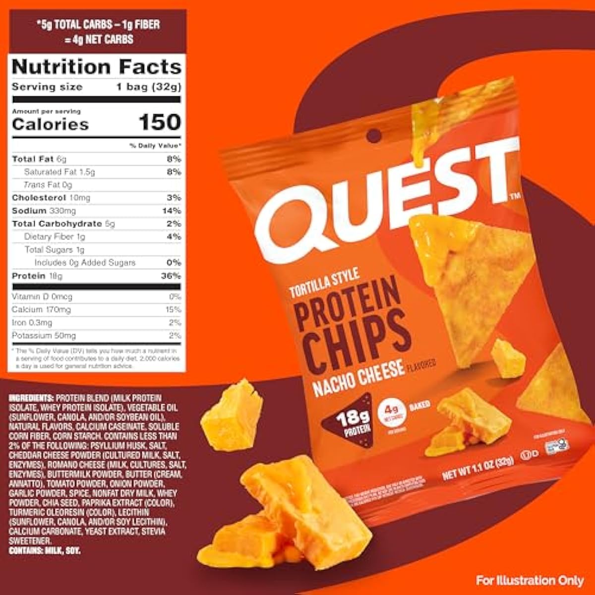 Quest Nutrition Nacho Cheese Tortilla Style Protein Chips, 18g Protein, 4g Net Carb, Low Carb, Gluten Free, 1.1 oz (Pack of 12)