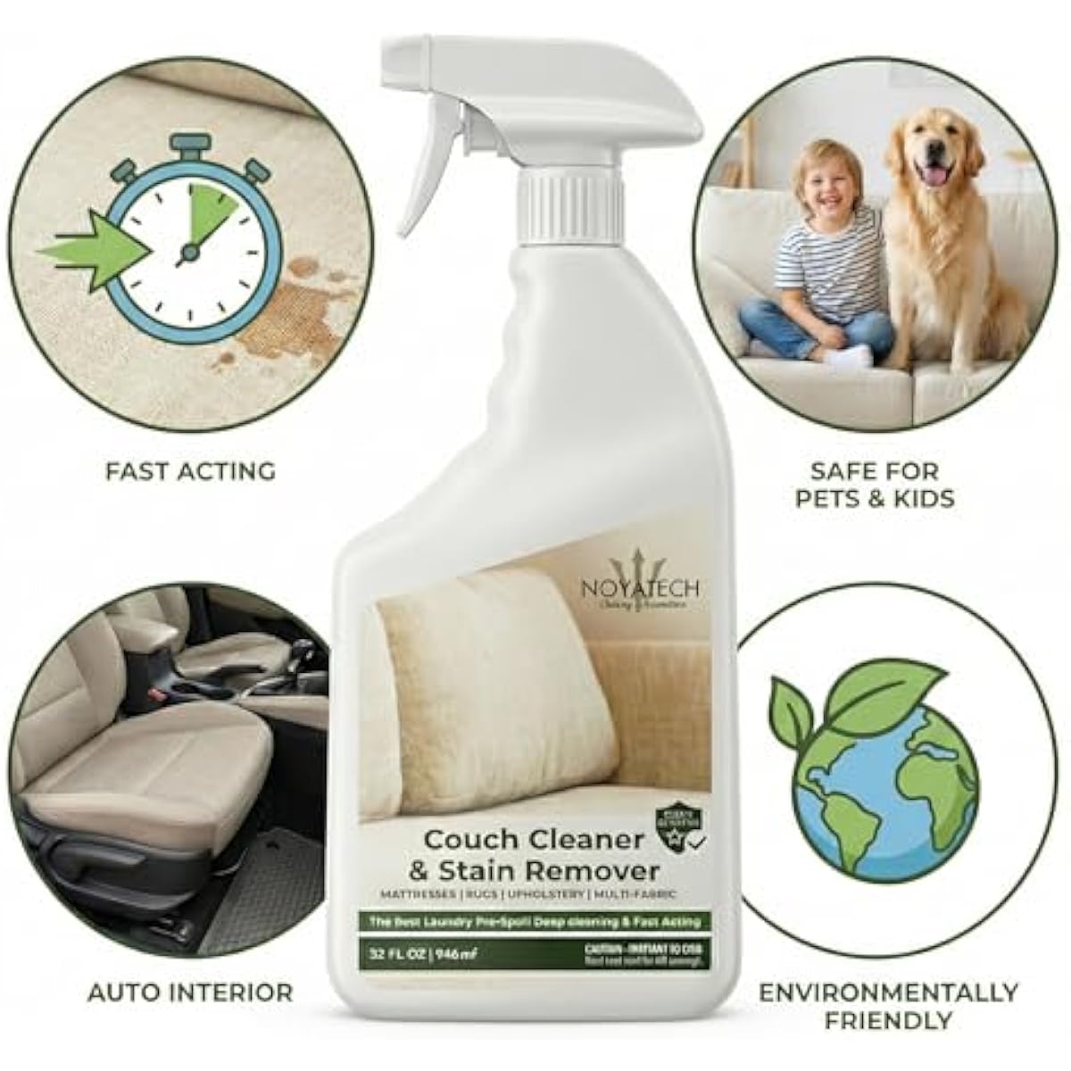 Couch Cleaner and Stain Remover Spray – Professional Strength, Multi-Surface Fabric and Upholstery Cleaner – Pet-Safe, Non-Toxic, Quick-Drying for Couches, Sofas & Car Interiors.