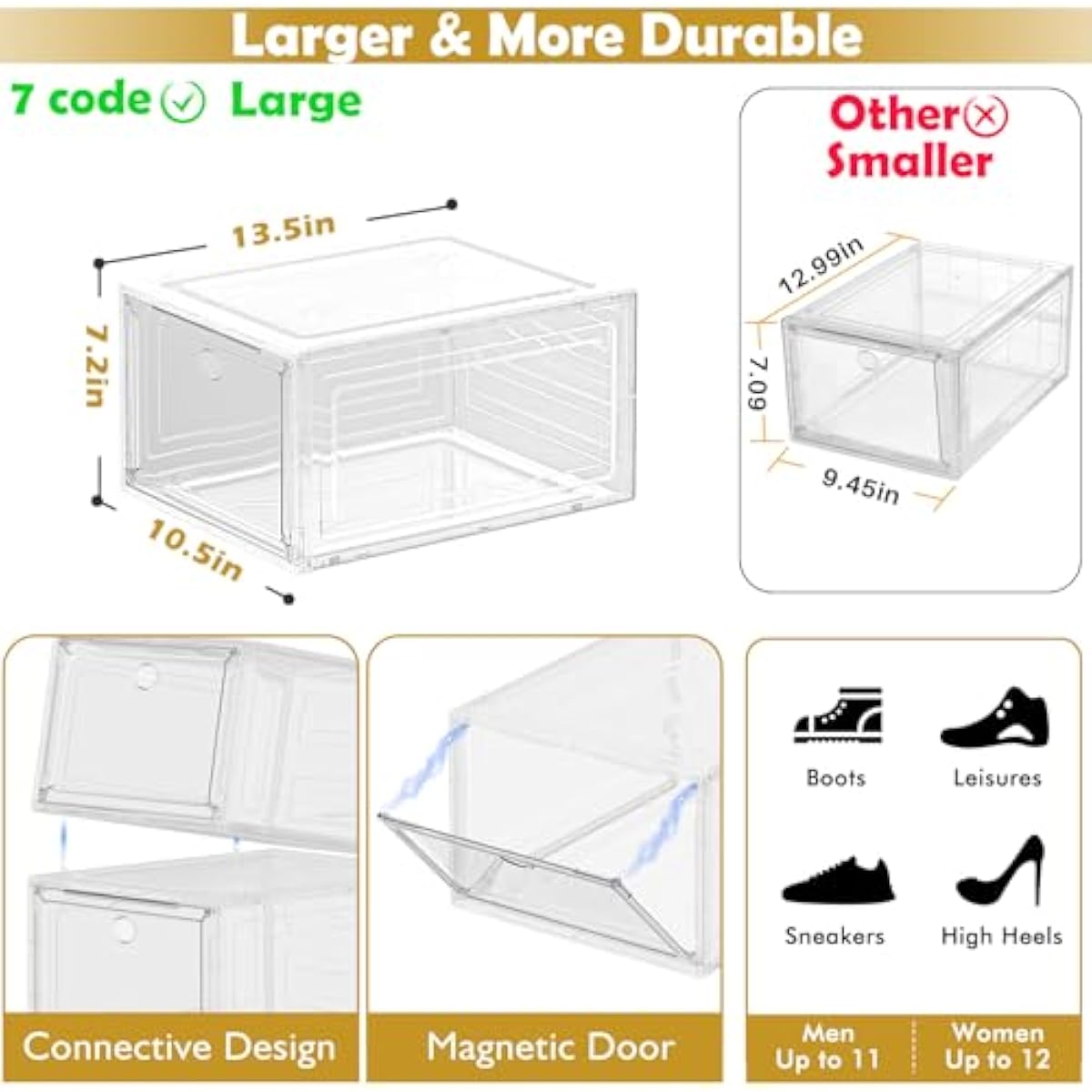 Thickened Clear Shoe Storage Organizer with Magnetic Door, Sturdy Stackable Shoe Boxes for Closet, Collapsible Space-Saving Shoe Rack for Sneakers & Boots, Plastic Shoe Cabinet Box Set, 6 Pack, White