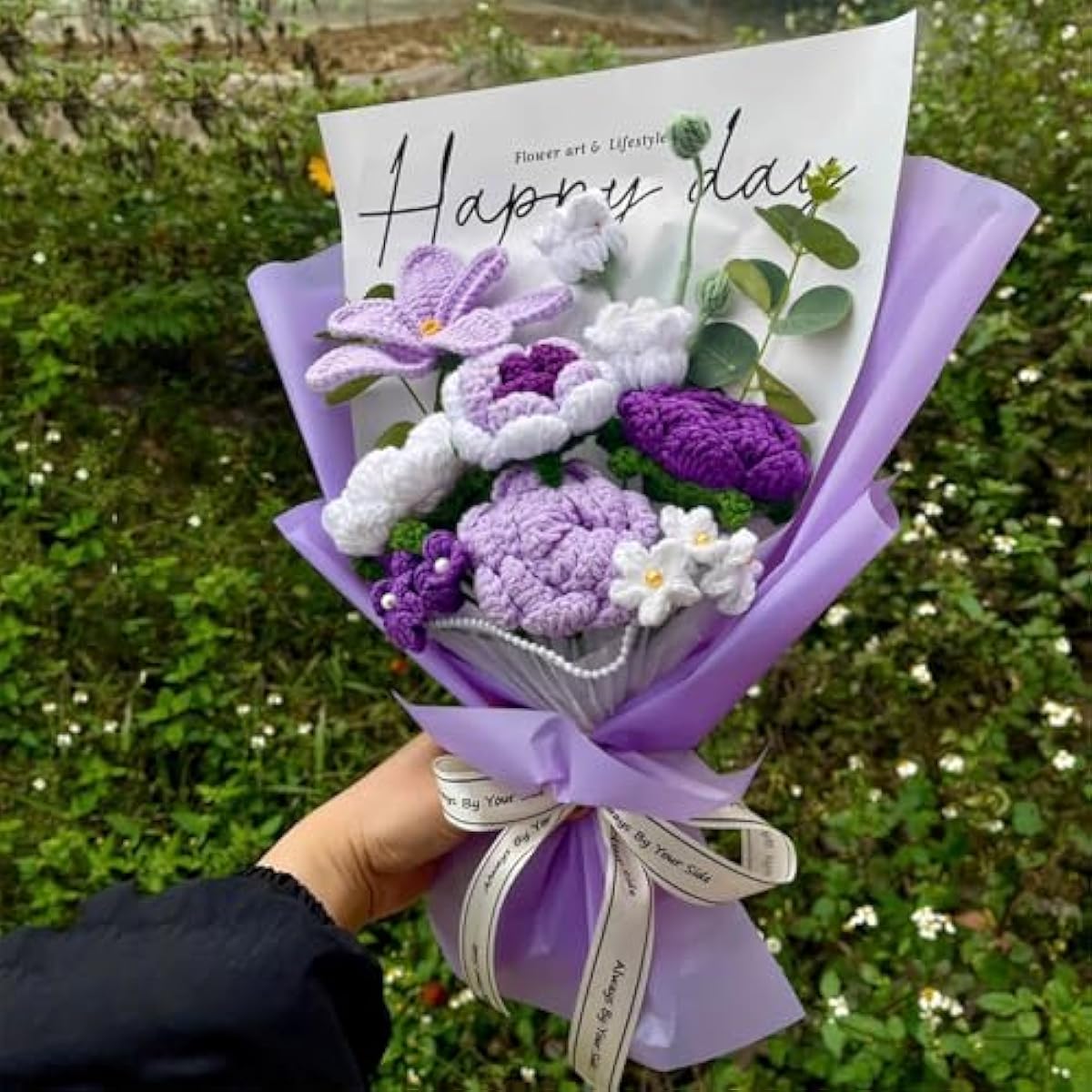 Completed Purple Crochet Flowers Bouquet, Handmade Knitted Bouquet, Crochet Artificial Flowers for Mother's Day Birthday, Wedding Home Decor, Gifts for Mom (Purple Tulip)