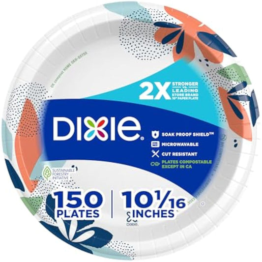 Dixie Large Paper Plates, 10 Inch, 150 Count, 2X Stronger*, Microwave-Safe, Soak-Proof, Cut Resistant, Disposable Plates For Everyday Breakfast, Lunch, & Dinner Meals