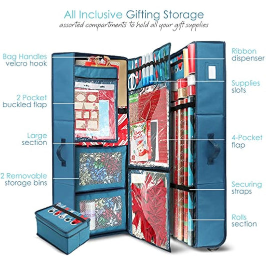 Hearth & Harbor Wrapping Paper Storage Container with Ribbon Dispenser and Interior Pockets - Large Christmas Storage Containers with Wheels, Fits 30 Rolls of 40" Length, Blue