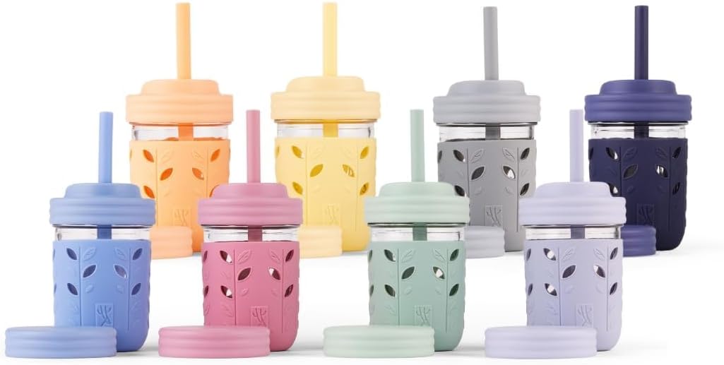 Elk and Friends Kids + Toddler Glass Cups | The Original 8oz Glass Mason Jar with Sleeves + Lids | Silicone Straws + Stopper | Smoothie Cup | Food Storage | Spill Resistant | Dishwasher Safe | 4 Pack