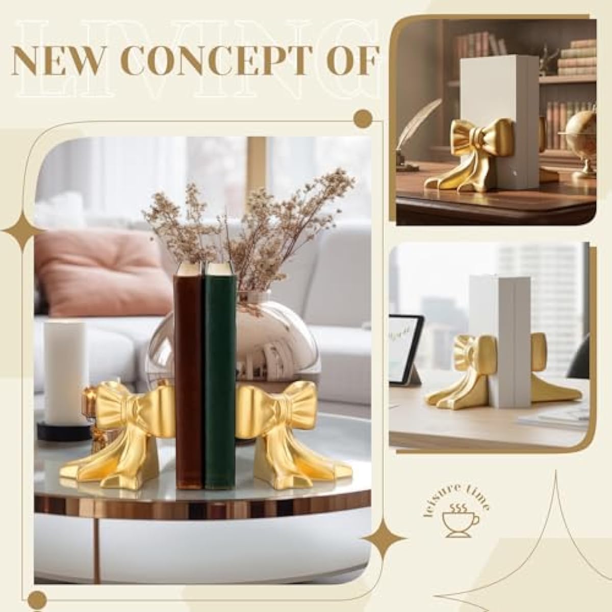 Leinuosen 2 Pcs Gold Bow Bookends Ceramic Cute Book Ends Decorative Book Stand Bow Sculpture Statues Tabletop Shelf Ornament Room Decor for Home Office School Dorm Girl Desk