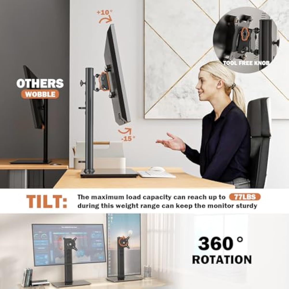 Single LCD Computer Monitor Free-Standing Desk Stand Mount Riser for 13 inch to 32 inch screen with Swivel, Height Adjustable, Rotation, Vesa Base Stand Holds One (1) Screen up to 77Lbs(HT05B-001))