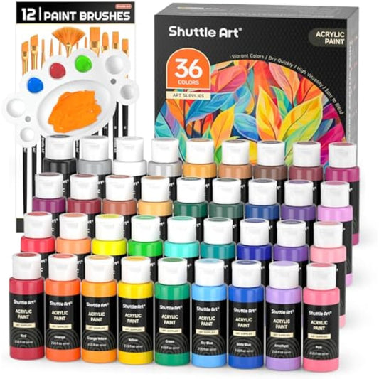Shuttle Art Acrylic Paint, 36 Colors Acrylic Paint Set with Brushes & Palette, 2oz/60ml Bottles, Rich Pigments Non-toxic for Artists Kids & Adults, Painting on Canvas Rocks Ceramic Wood